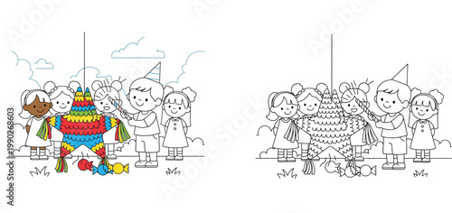 Happy Diverse Children Playing with Colorful Star Pinata at Birthday Party - Set of Illustration and Black and White Line Art Vector for Kids Coloring Page and Celebration Graphic Design