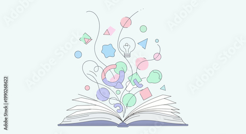Book with colorful creative idea symbols.
