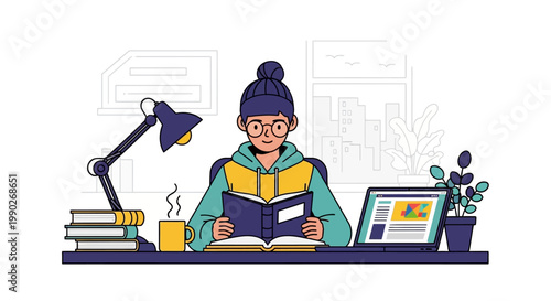 Young woman reading a book indoors.