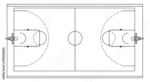Top view diagram of a symmetric basketball court with two hoops.