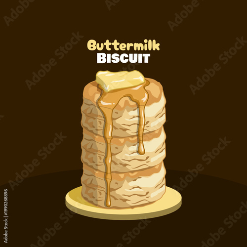 Honey-Drenched golden buttermilk biscuit trio. A stack of flaky comfort on dark brown background. National Buttermilk Biscuit Day, May 14th.