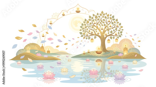 A serene illustration of a tree on an island surrounded by lotus flowers and lanterns, symbolizing spiritual harmony and enlightenment on Vesak Day with a peaceful and joyful mood.