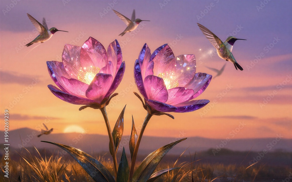 Fototapeta premium Magical hummingbirds dance around glowing purple flowers at golden
