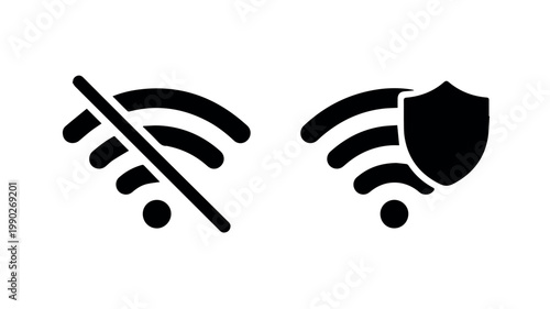 A pair of contrasting Wi-Fi icons, one showing a disabled or no signal state and the other indicating a secure, protected wireless connection.