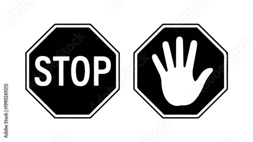 Two clear octagonal stop signs, one displaying the word "STOP" and the other a white hand gesture, symbolizing immediate halt or prohibition.