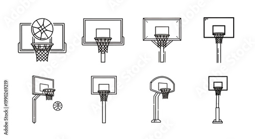 Set of basketball hoops with varying backboards and perspectives.