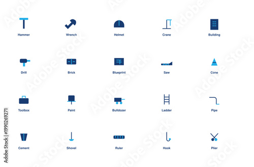 Construction Tools Icon Set Vector, Builder Repair Industry Flat Icons