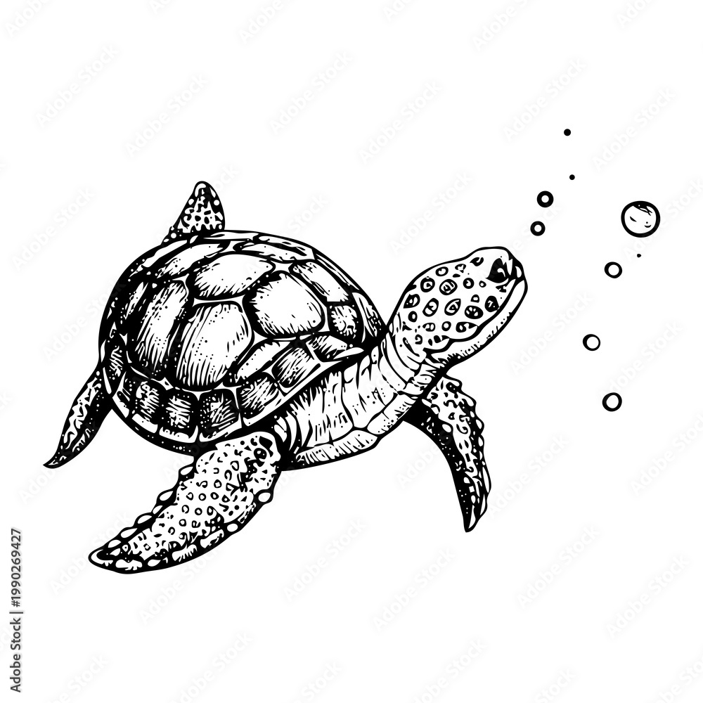 Fototapeta premium Hand Drawn Illustration Transparent Sea Turtle with Bubble