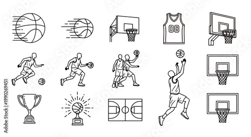 Dynamic collage of basketball action featuring players, hoops, and a trophy in a competitive sports montage.