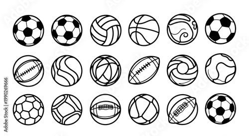 Collection of soccer balls and volleyballs arranged in a neat, patterned display for sports imagery.