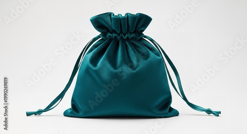 teal satin drawstring pouch on white background