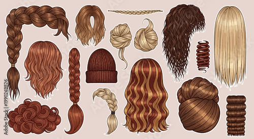 Collection of various hairstyles and hair accessories, including braids, buns, and beanies