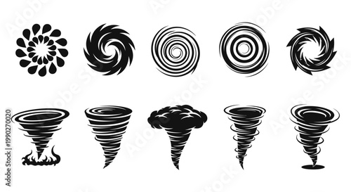 Collection of stylized tornado and cyclone illustrations representing natural forces and weather phenomena