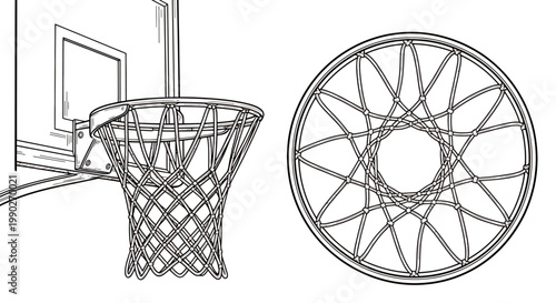 Line Art of a Basketball Hoop and Wheel: Abstract Monochrome Sports Scene with Circular Geometry.