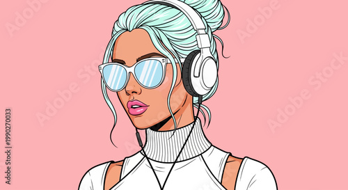 Modern vector illustration of a stylish woman with mint hair and sunglasses, listening to music with white headphones, embodying a vibrant pop art aesthetic