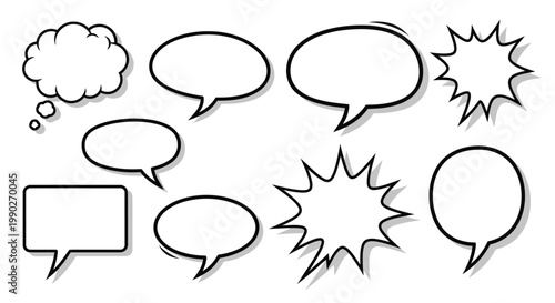 Collection of eight diverse comic style speech and thought bubbles for communication and expression