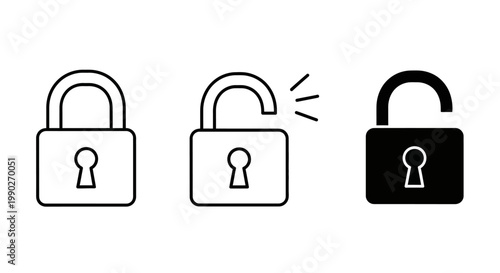 Digital Security Padlock Icons Set Illustrating Locked and Unlocked States for Access Control and Protection Concepts