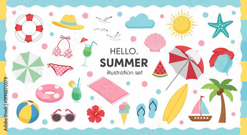 Hello Summer Illustration Set Beach Party, Travel, and Vacation Vibes