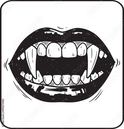 Gothic Vampire Mouth with Fangs and Dark Red Lips - A Spooky Halloween Illustration,