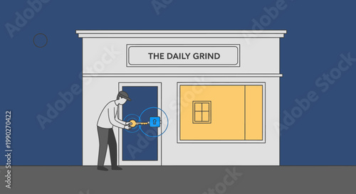 Illustration of a man unlocking a door to a small shop called The Daily Grind with a blue and yellow color scheme.