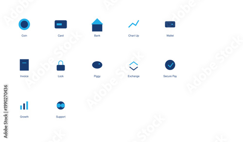 Minimalist blue banking icons set, 12 professional finance and payment vector symbols, flat business graphics for fintech apps and web design