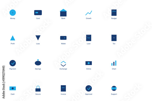 Minimalist blue banking icons set, 20 financial vector elements for business apps, modern flat finance symbols for accounting and online payment UI