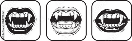 Vampire fangs, monster teeth vector set icon, Iconic Vampire Fangs and Lips, a Dark and Mysterious Symbol