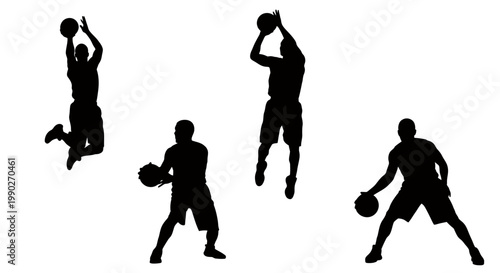 Silhouettes of People Playing Basketball in Action Across a Court.