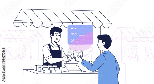Line drawing of a customer handing over a payment to a vendor at an outdoor market stall with a digital screen.