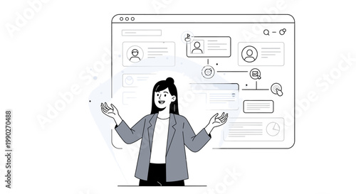 A smiling woman in a gray blazer presenting information on a large computer screen with various icons and graphics.