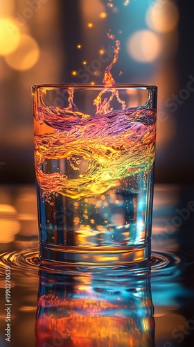 Mystical rainbow water ripple effect in transparent glass with bokeh background