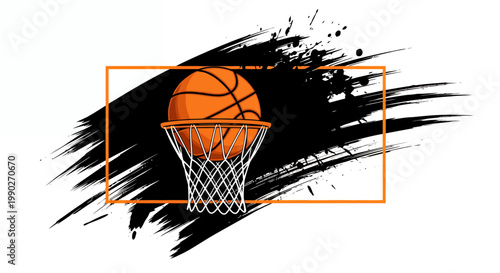 Dynamic basketball hoop with action and motion in an arena setting.