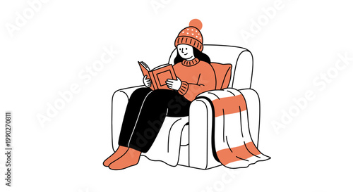 Woman sitting on armchair reading book.