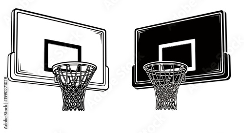 Two basketball hoops with backboards and nets showcased in a monochrome setup.