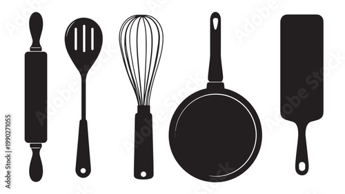 Kitchen utensils silhouette icon set