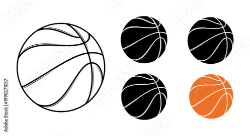 Collection of basketballs in different colors and sizes for sports theme.