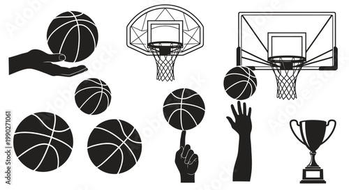 Collection of basketball icons: multiple balls, a hand gesture, court, and trophy illustration.