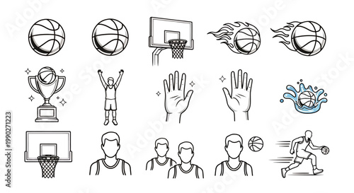Vibrant sketch-style scenes of basketball players in action around hoops, celebrations, and a trophy.