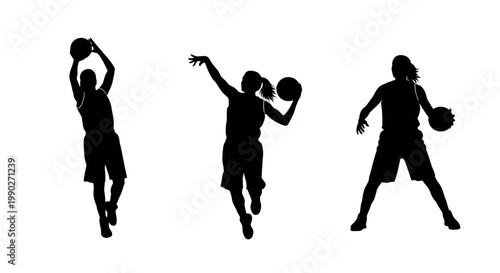 Silhouettes of Three People Jumping and Playing with a Ball in Energetic Action.