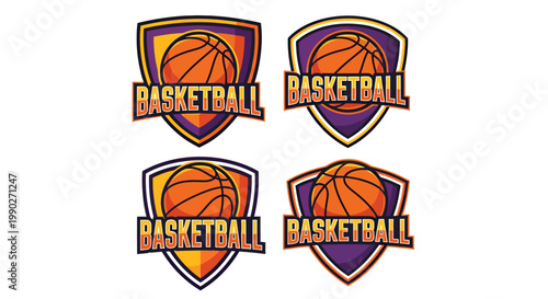 Multiple basketball-themed shields logo set with vibrant colors and design.