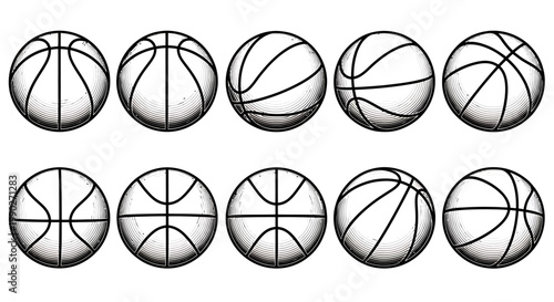Monochrome grid of basketballs arranged in a repetitive circular pattern.