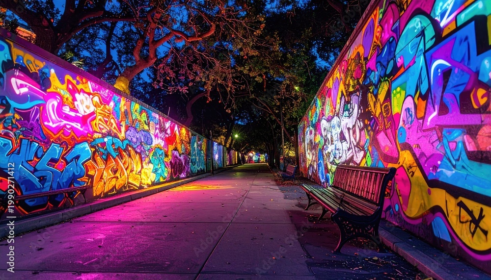 Fototapeta premium Vibrant Graffiti Alleyway Illuminated by Colorful Lights at Night with a Park Bench and Scattered Leaves on Pavement