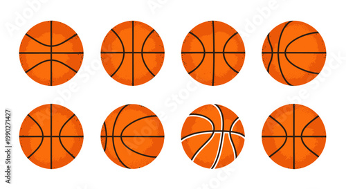 Multiple Orange Basketball Icons in a Row, Circular Standalone Illustrations.