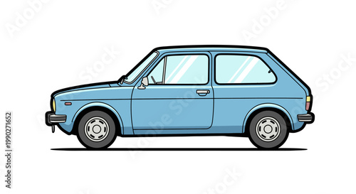 Small blue hatchback car side view.
