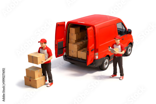 Courier ready to deliver packages with transport truck to customer 
