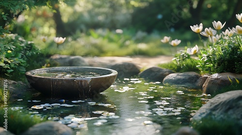 Tranquil fountain surrounded by blooming flora in a serene garden setting