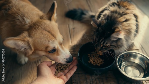 Person feeds dog and cat on wooden floor