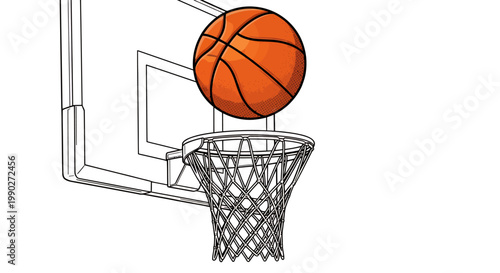 Basketball Hoop Net Shot Illustrative Scene with Backboard and Ball in Play.