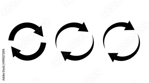 A minimalist black icon set featuring three distinct circular arrows, each indicating a rotation or refresh action, isolated on a clean white background.