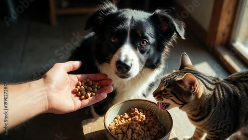 Person feeds cat and dog indoors
